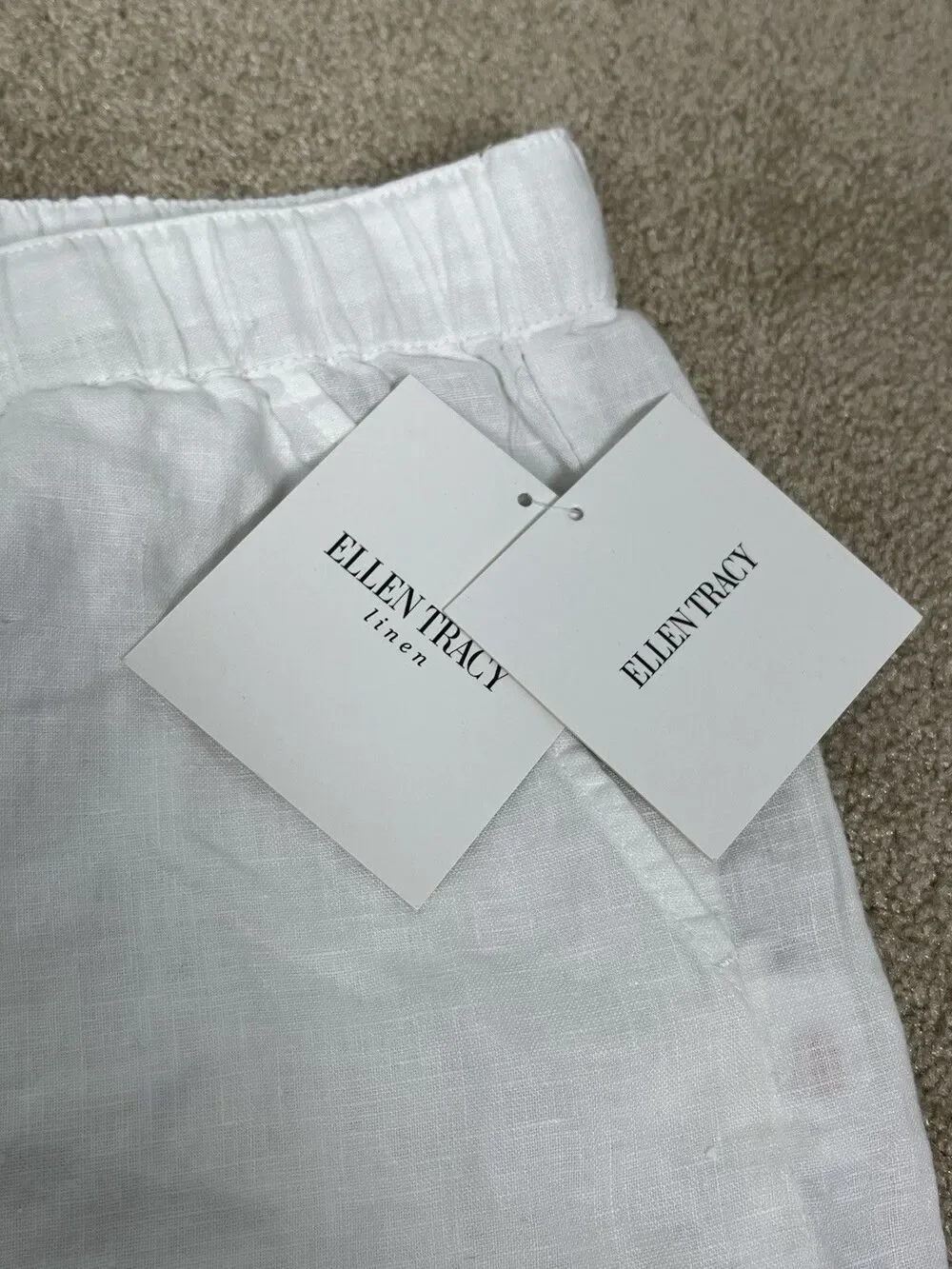 NWT Ellen Tracy White Linen Shorts L Elastic Drawstring Cuffed Beach Resort Boho